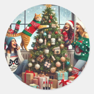 Cat on a tree classic round sticker