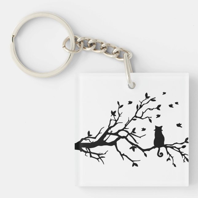 Cat on a tree - Silhouette Key Ring (Front)