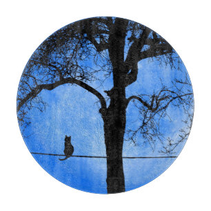 Cat on a Wire Blue Moon Glass Cutting Board