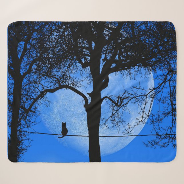 Cat on a Wire Blue Moon Sherpa Blanket (Front (Horizontal))