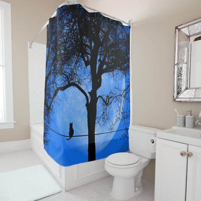 Cat on a Wire Blue Moon Shower Curtain (In Situ)