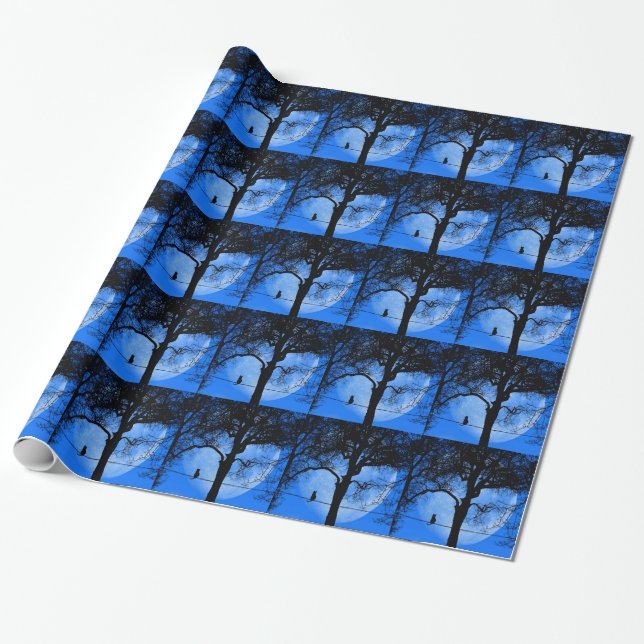 Cat on a Wire Blue Moon Wrapping Paper (Unrolled)