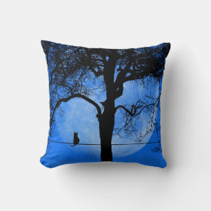 Cat on a Wire Full Moon Blue Cushion