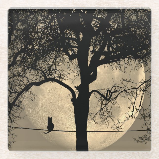 Cat on a Wire Full Moon Glass Coaster (Front)