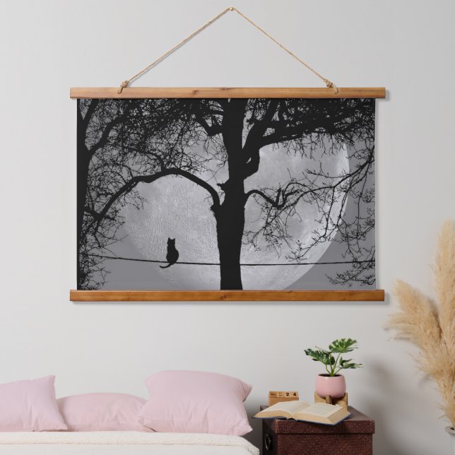 Cat on a Wire Full Moon Hanging Tapestry (Bedroom)