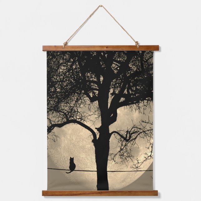 Cat on a Wire Full Moon Hanging Tapestry (Front)