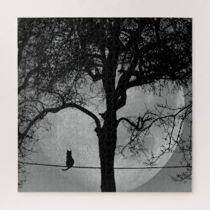 Cat on a Wire Full Moon Jigsaw Puzzle