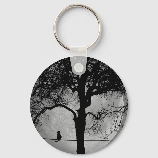 Cat on a Wire Full Moon Key Ring (Front)