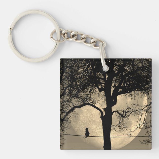 Cat on a Wire Full Moon Key Ring (Front)