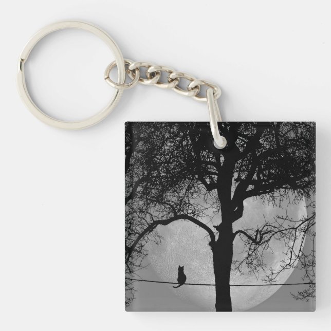 Cat on a Wire Full Moon Key Ring (Front)