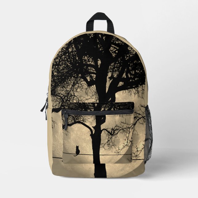 Cat on a Wire Full Moon Printed Backpack (Front)
