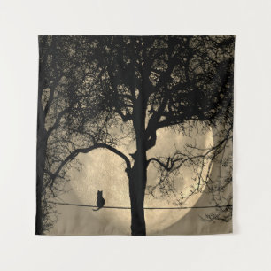 Cat on a Wire Full Moon Tapestry