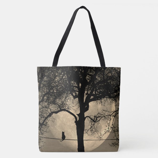 Cat on a Wire Full Moon Tote Bag (Front)