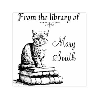 Cat on Books Personalised Self Inking Rubber Stamp