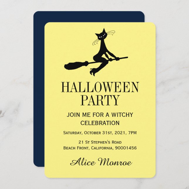 Cat On Broomstick, Halloween Party Invitation (Front/Back)