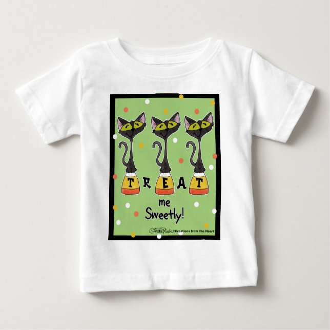Cat on Candy Corn Treat Me Sweetly-Green Baby T-Shirt (Front)