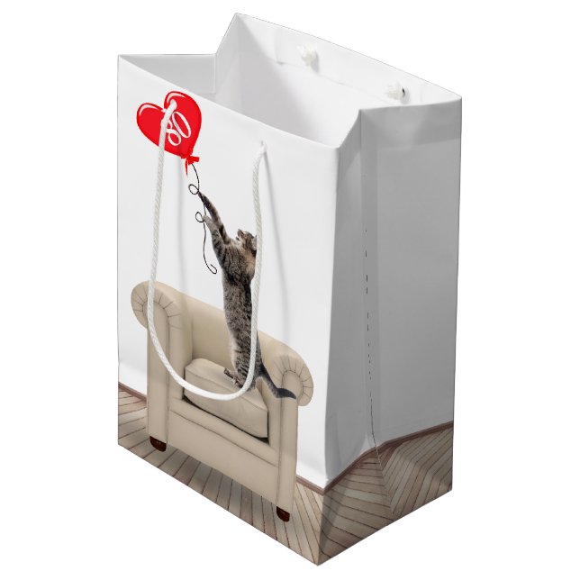 Cat On Chair with 80th Birthday Balloon Medium Gift Bag (Front Angled)