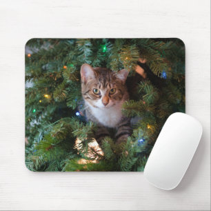 Cat on Christmas tree Mouse Pad