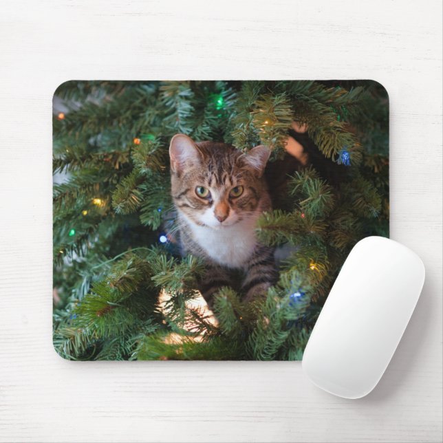 Cat on Christmas tree Mouse Pad (With Mouse)