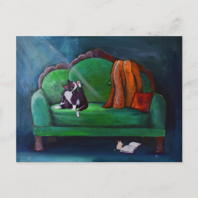 Cat on Couch Funny Whimsical Art Postcard (Front)