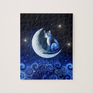 Cat on Crescent Moon blue Cat 773 Jigsaw Puzzle