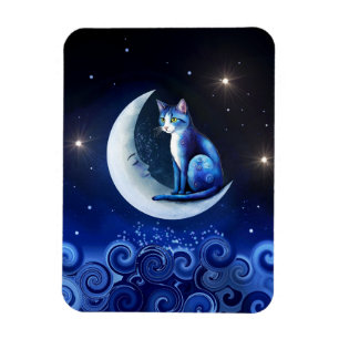 Cat on Crescent Moon blue Cat 773 Magnet