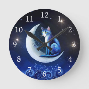 Cat on Crescent Moon blue Cat 773 Round Clock