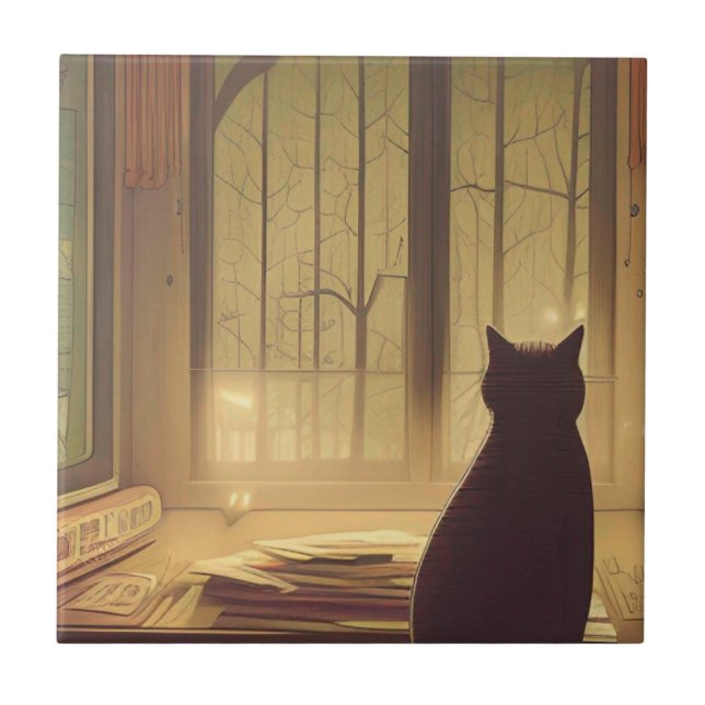 Cat on desk with papers looking at trees outside ceramic tile (Front)