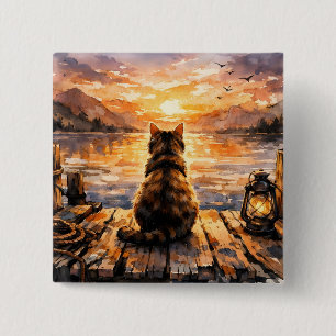 Cat on Dock at Sunset 15 Cm Square Badge