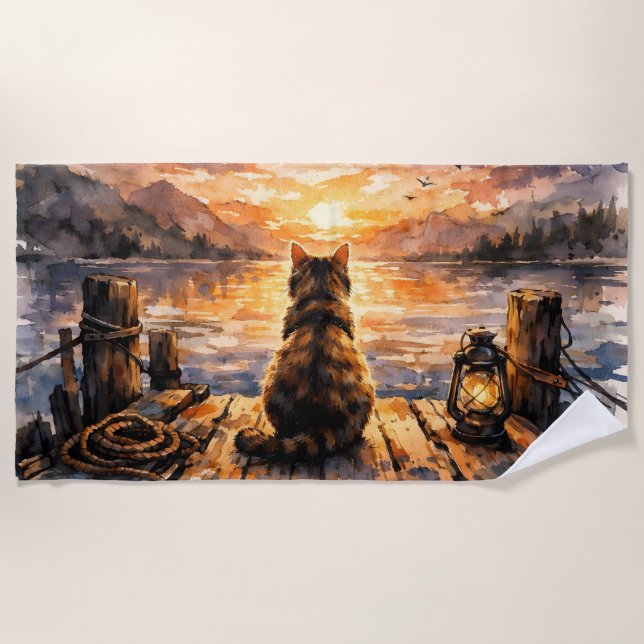 Cat on Dock at Sunset Beach Towel (Front)
