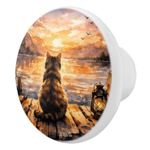Cat on Dock at Sunset Ceramic Knob