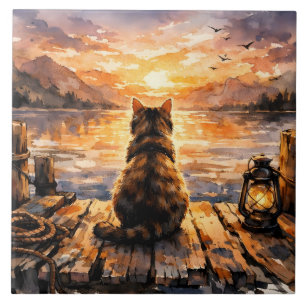 Cat on Dock at Sunset Ceramic Tile