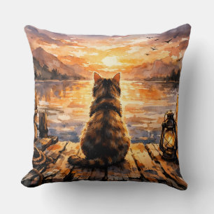 Cat on Dock at Sunset Cushion