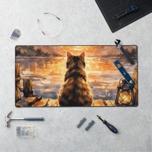 Cat on Dock at Sunset Desk Mat