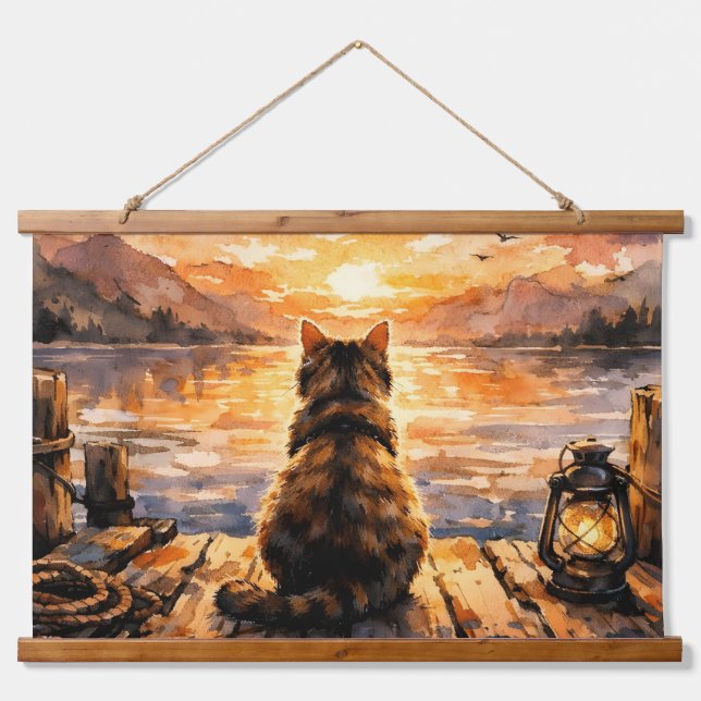 Cat on Dock at Sunset Hanging Tapestry (Front)