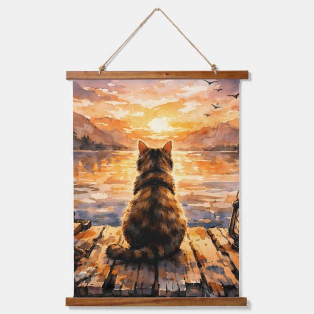 Cat on Dock at Sunset Hanging Tapestry (Front)