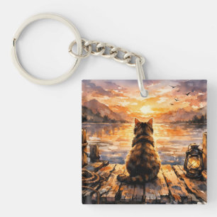 Cat on Dock at Sunset Key Ring