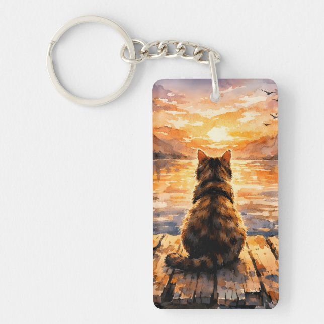Cat on Dock at Sunset Key Ring (Front)