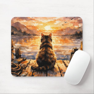 Cat on Dock at Sunset Mouse Pad