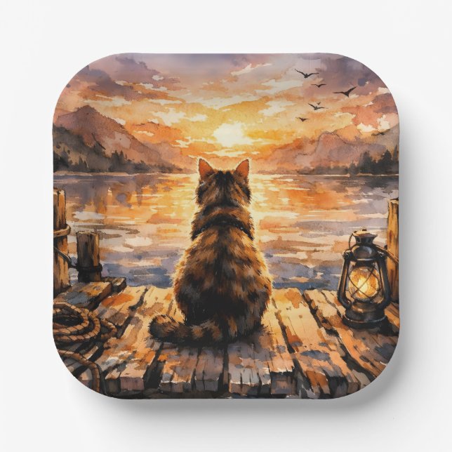 Cat on Dock at Sunset Paper Plate (Front)