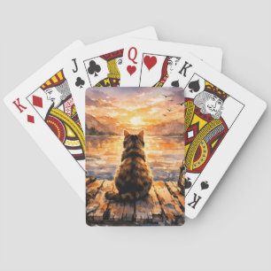 Cat on Dock at Sunset Playing Cards