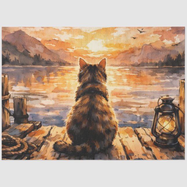 Cat on Dock at Sunset Tissue Paper (Front)