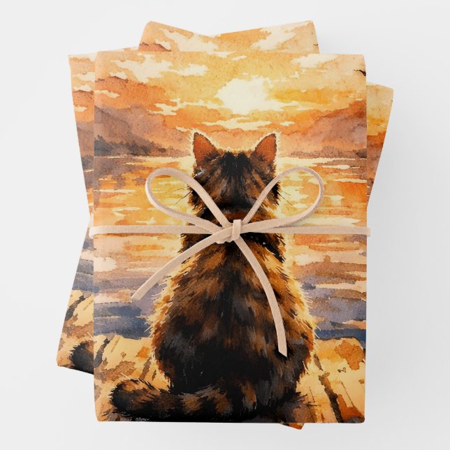 Cat on Dock at Sunset Wrapping Paper Sheet (In situ)