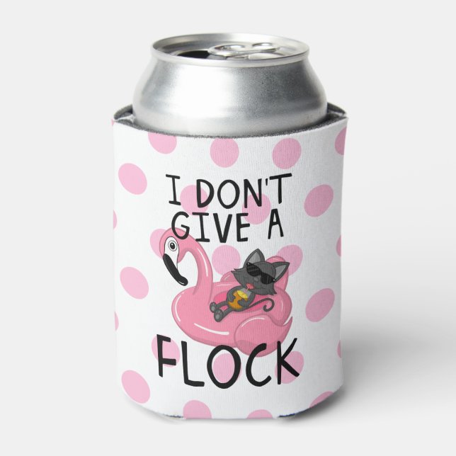Cat on Flamingo with Pineapple and Pink Polka Dots Can Cooler (Can Front)