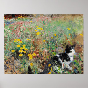 Cat on Flowerbed Poster