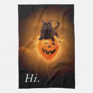 Cat on Halloween Balloon Tea Towel