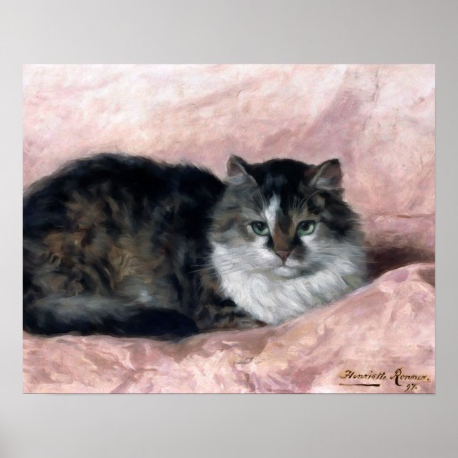 Cat on Pink Pillow by Henriëtte Ronner-Knip Poster (Front)