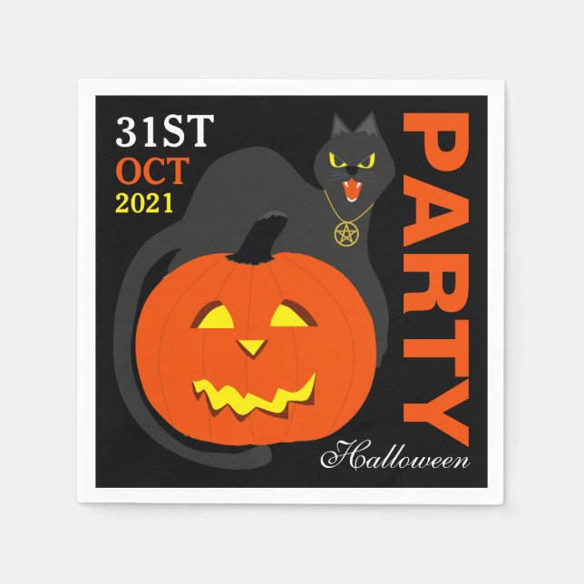 Cat on Pumpkin, Halloween Party Napkin (Front)