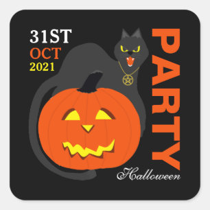 Cat on Pumpkin, Halloween Party Square Sticker