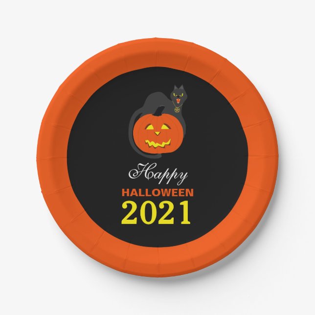 Cat on Pumpkin, Happy Halloween Paper Plate (Front)